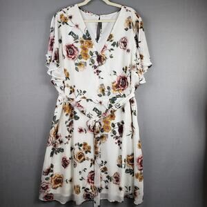 Maurices Size 4X Flutter Sleeve Floral Dress White Belted Spring Easter Feminine